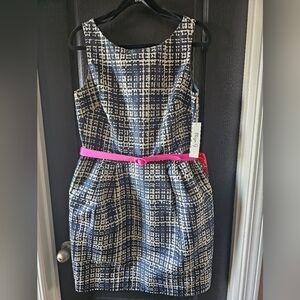 Eliza J Navy And White Patterned Dress with Pink Belt